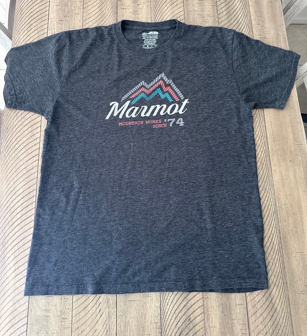 Marmot Graphic T-Shirt Mens Large Gray Mountain Works Since '74 Short Sleeve